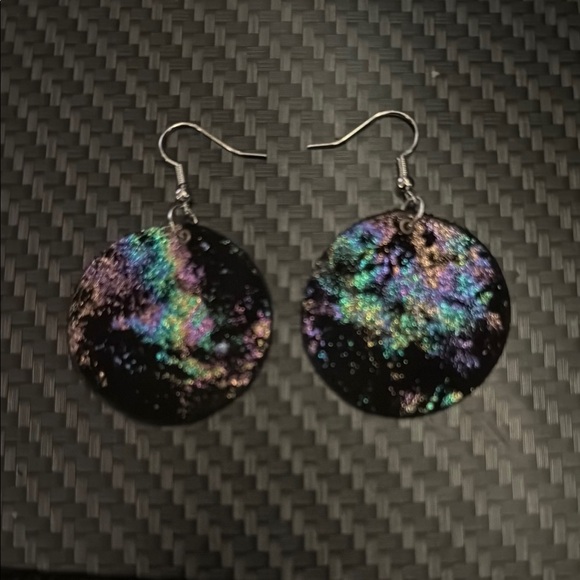 Round Leather Iridescent Color with Black Background Earrings - Picture 3 of 5
